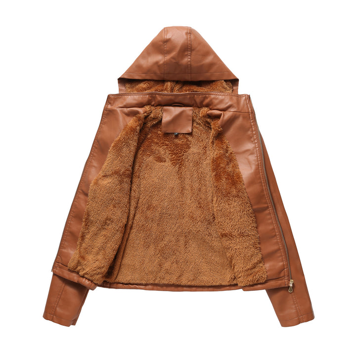 Women's tailored faux leather jacket with hood, padded inner lining and concealed zip pockets Mune Fashion