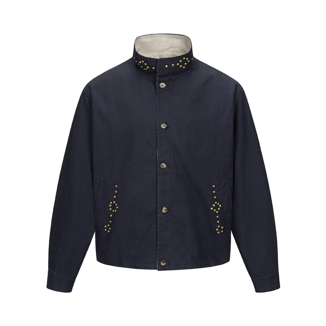 Unisex Short Blouson Jacket with High-Collar Studded Neck and Utility Pockets Mune Fashion