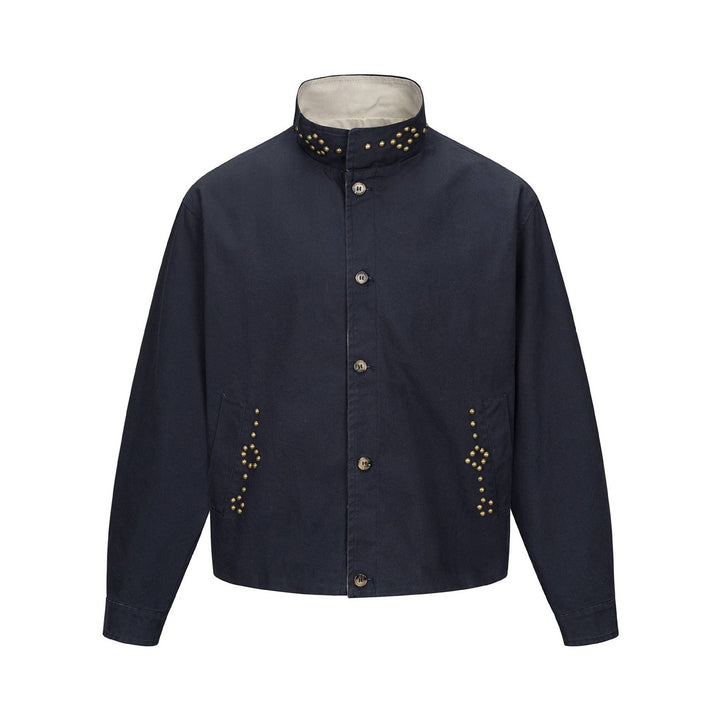 Unisex Short Blouson Jacket with High-Collar Studded Neck and Utility Pockets Mune Fashion