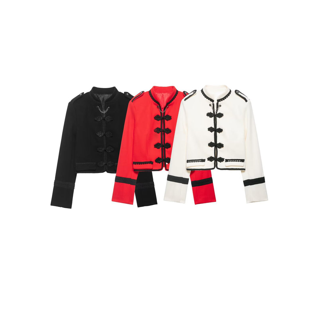 Ladies short jacket in military style with stand-up collar, decorative cords and decorative frog closures Mune Fashion