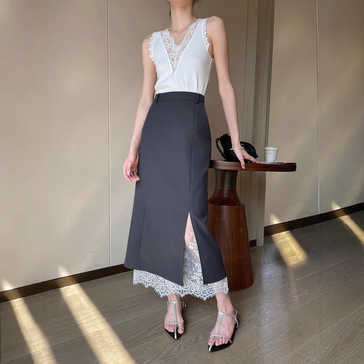 Women's Elegant Maxi Skirt with High Slit and Lace Trim Mune Fashion