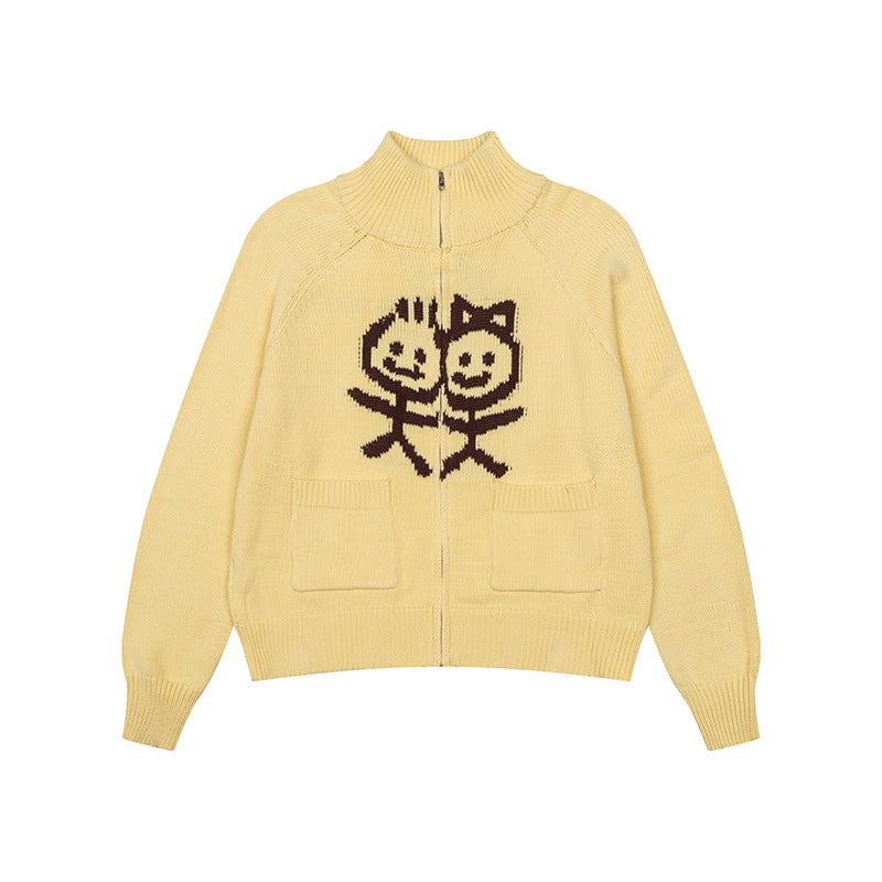 Women's chunky knit zip cardigan with stand-up collar, patch pockets and cartoon intarsia Mune Fashion