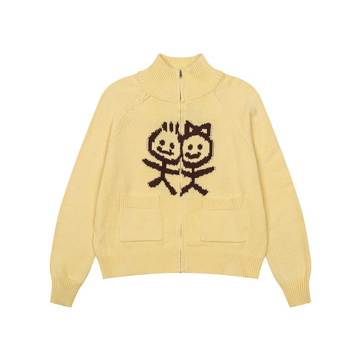 Women's chunky knit zip cardigan with stand-up collar, patch pockets and cartoon intarsia Mune Fashion