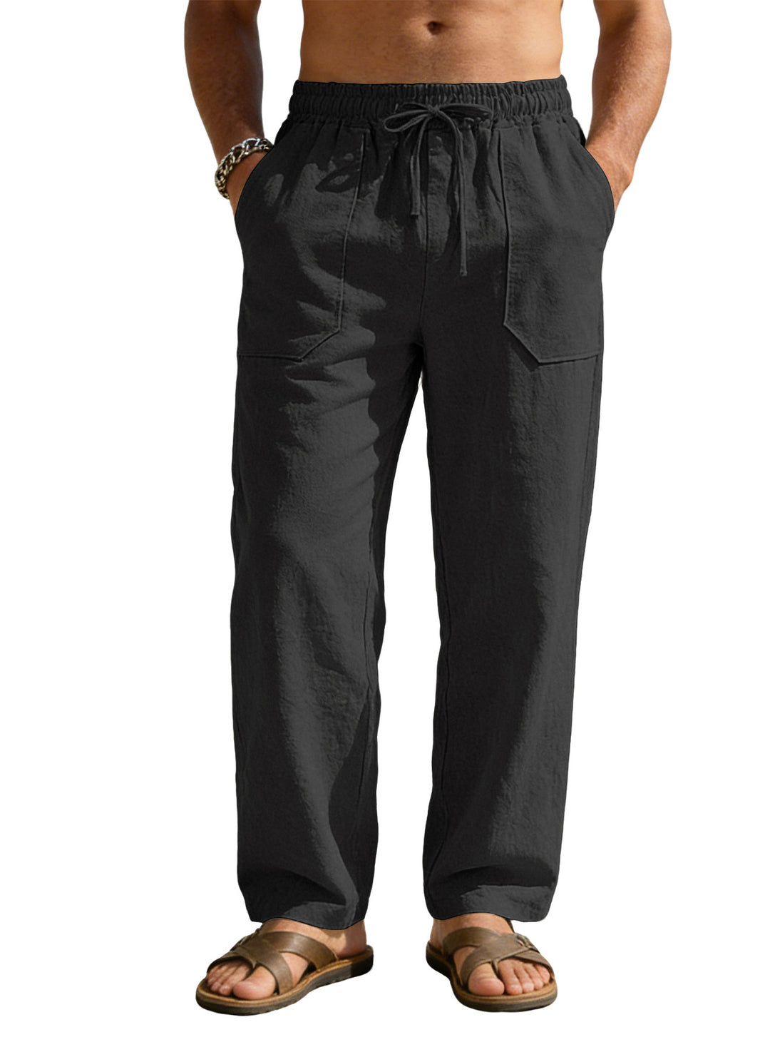 Men's wide Relaxed pants made of linen blend with drawstring waistband and patch leg pockets Mune Fashion