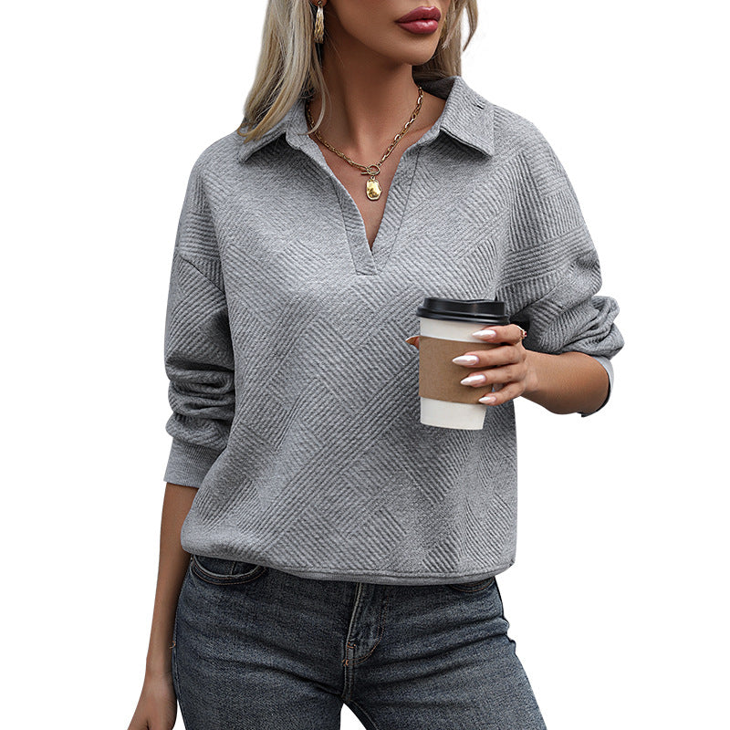 Women's Structured Fine Knit Sweater with Polo Collar and Deep V-Neck Mune Fashion