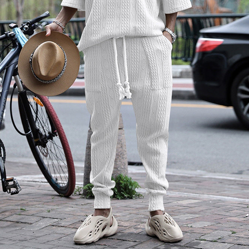 Men's knitted jogging pants with cable pattern, drawstring with cord and ribbed leg cuffs Mune Fashion