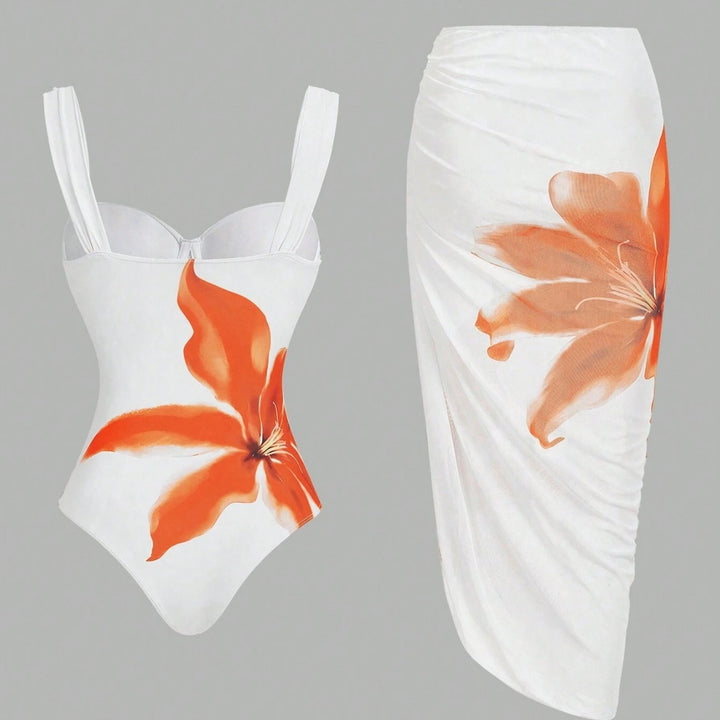 Women's swimsuit with elegant floral design and matching wrap skirt Mune Fashion