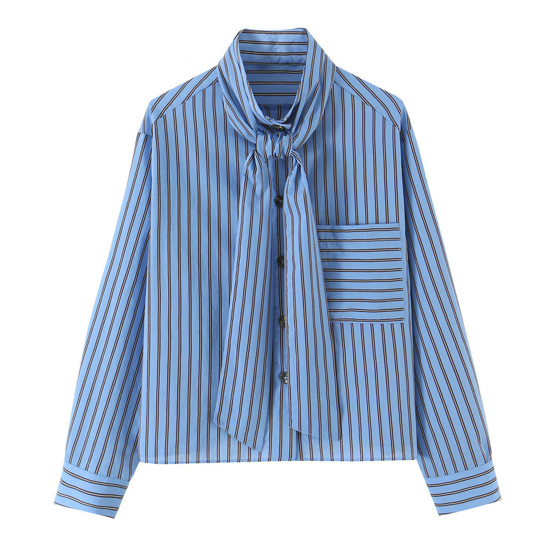 Women Striped Bow Blouse with Chest Pocket and Continuous Button Placket Mune Fashion