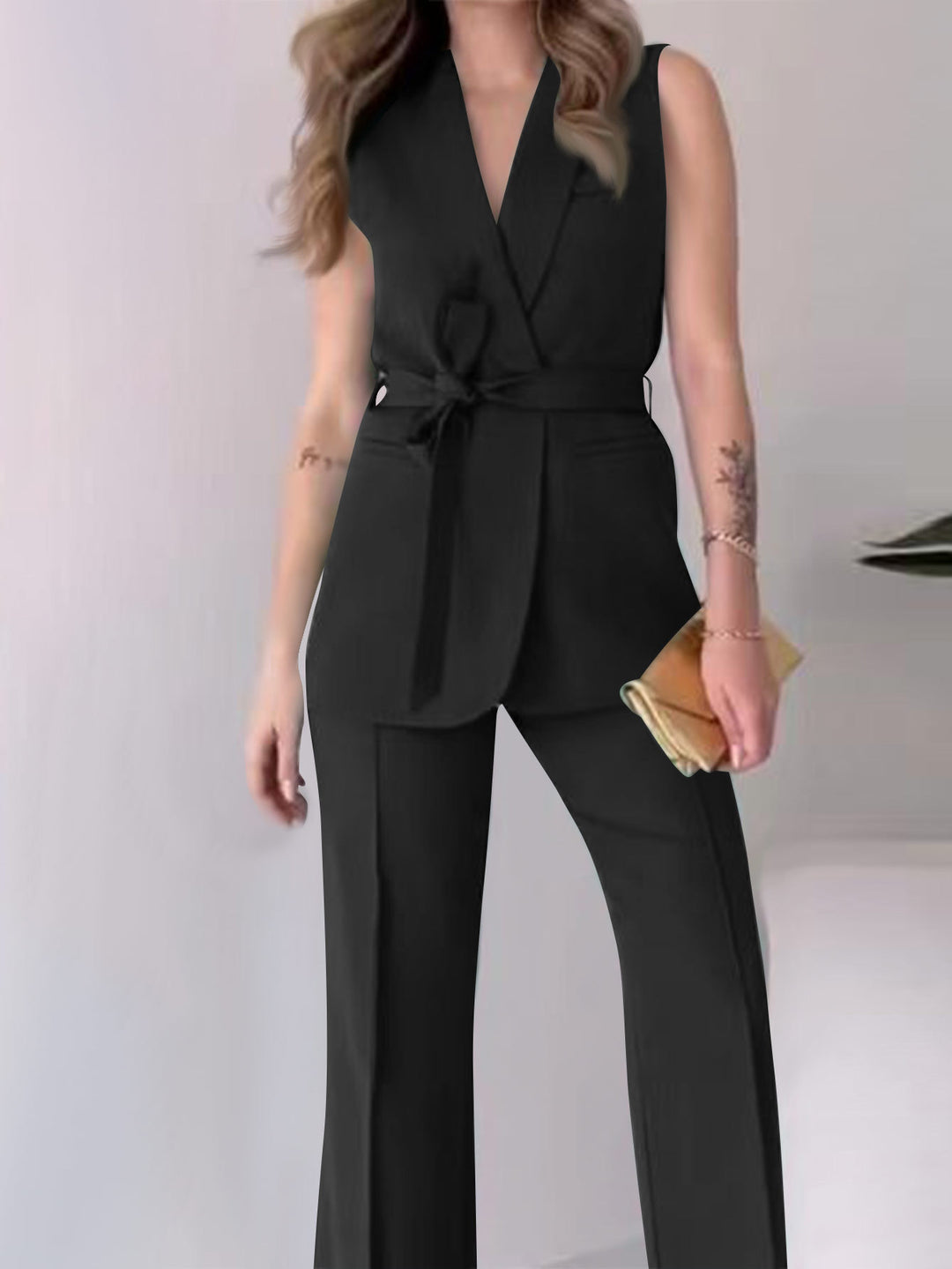 Women's Sleeveless Blazer Set with Tailored Tie Belt and High-Waist Flared Pants Mune Fashion