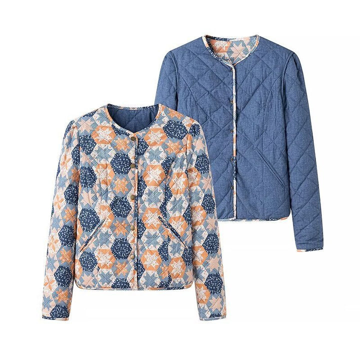 Women's Lightweight Quilted Jacket with Patchwork Floral Pattern and Short Cut Mune Fashion