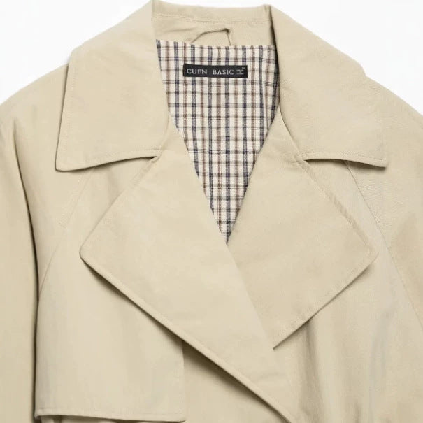 Women's Short Tailored Trench Jacket with Drawstring and Wide Lapel Mune Fashion