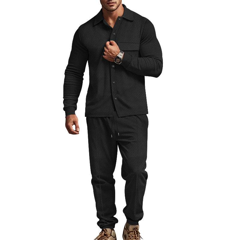 Men's urban lounge two-piece set with shirt jacket, chest pocket, and drawstring joggers made of textured cotton blend Mune Fashion