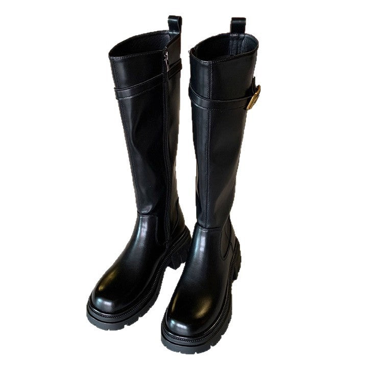 Ladies Knee Boots with Profiled Lug Sole and Decorative Buckle Strap Mune Fashion