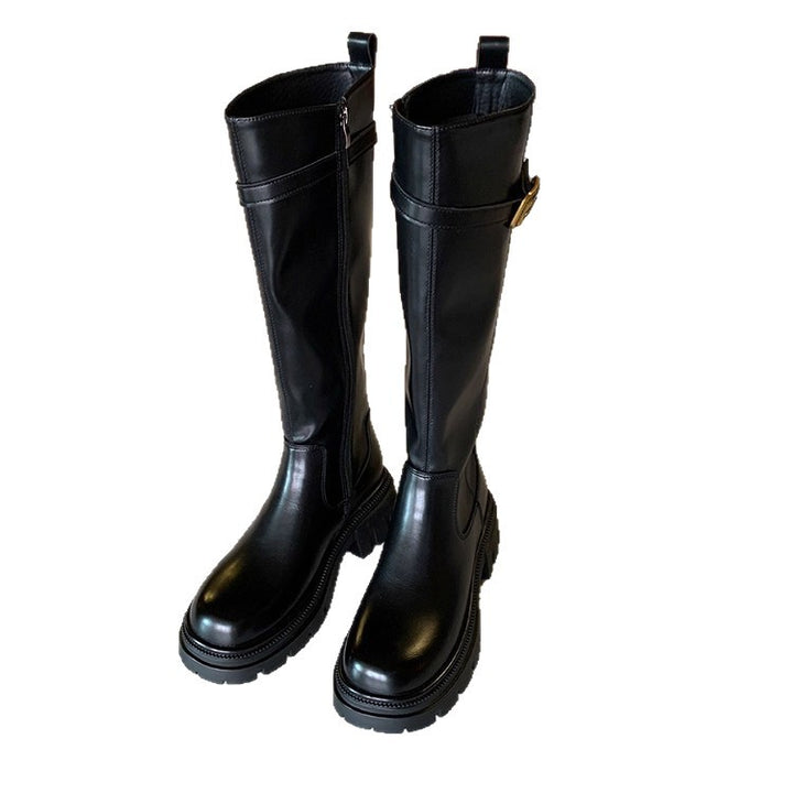 Ladies Knee Boots with Profiled Lug Sole and Decorative Buckle Strap Mune Fashion