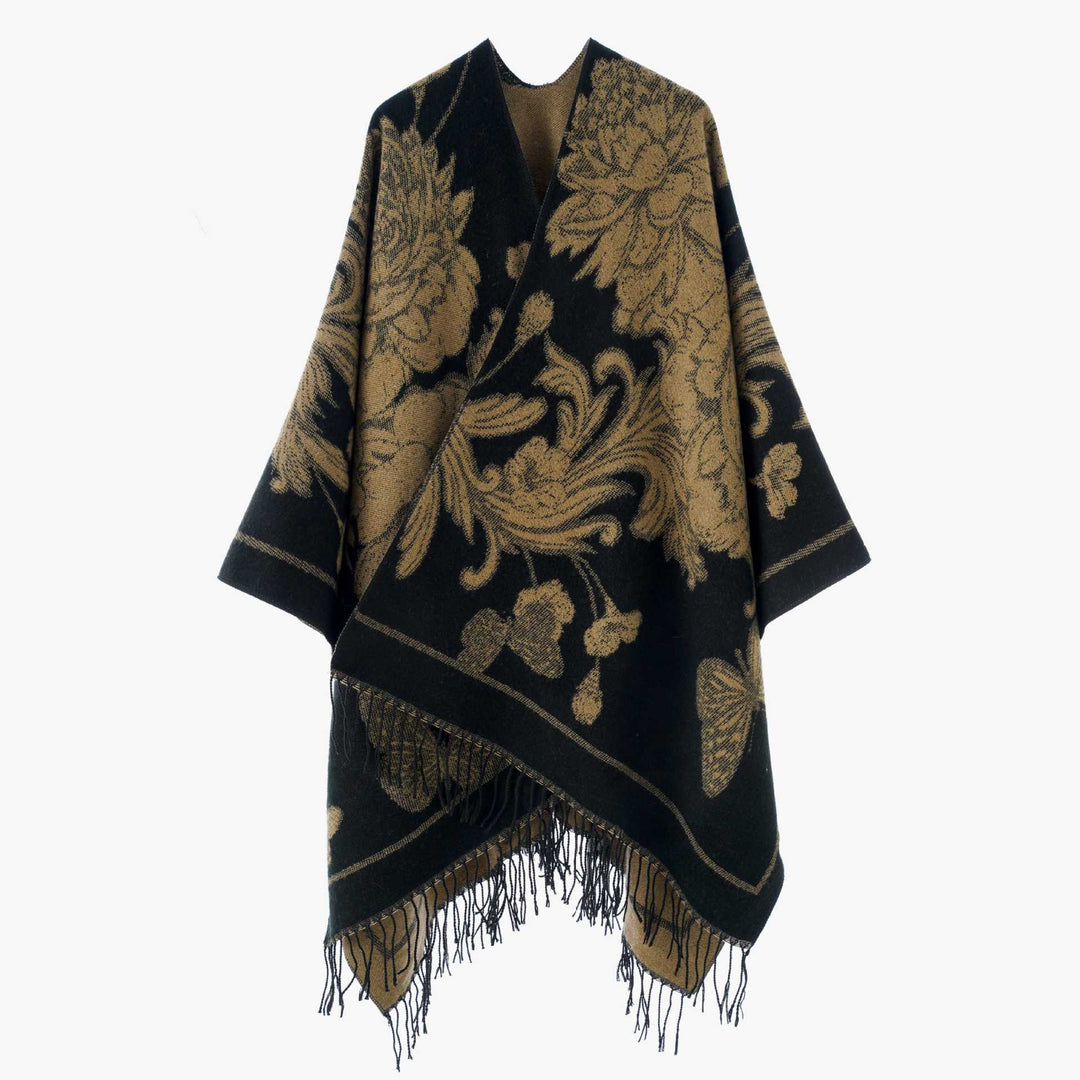 Women Reversible Knitted Cape-Poncho with Fringes and Contrasting Stripes Mune Fashion