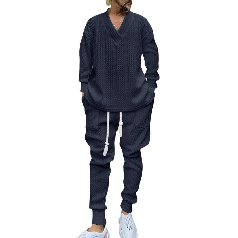 Men's knitted lounge set with deep V-neck, drawstring joggers and ribbed cuffs Mune Fashion