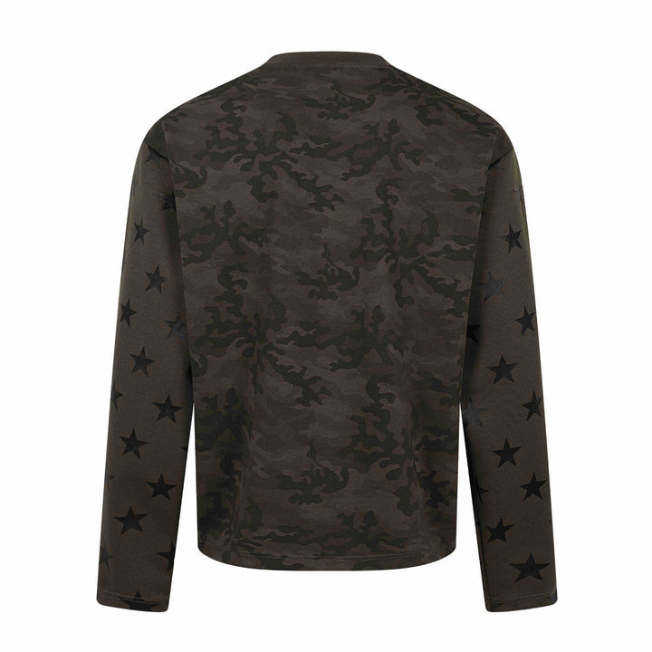 Unisex Oversize Sweatshirt with camouflage print, star sleeve appliqué and large metallic print Mune Fashion