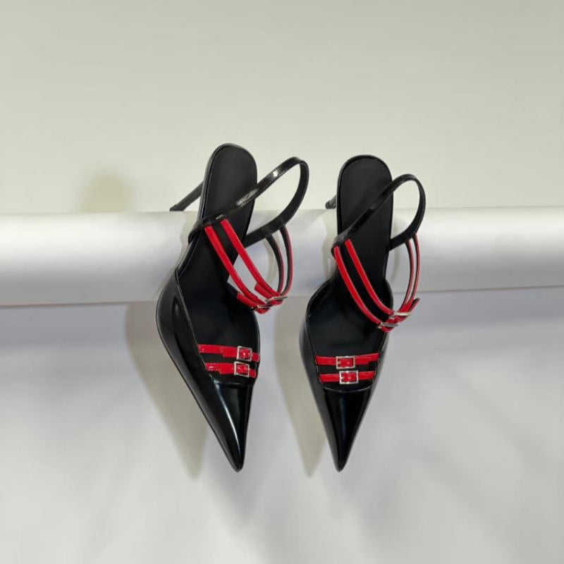 Women's pointed-toe slingback pumps in patent look with multi-row decorative straps and adjustable buckles Mune Fashion