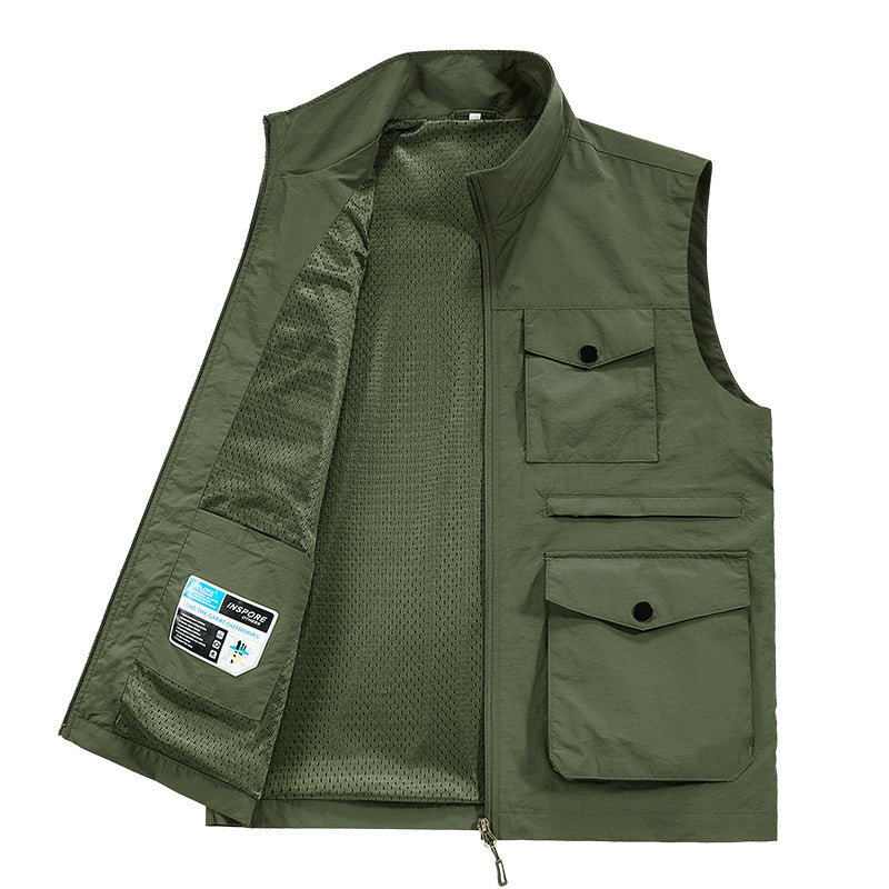 Men's nan multifunctional utility vest with mesh lining, full-length zipper, and patch multipurpose pockets