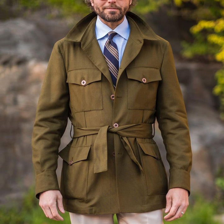 Men's Tailored Field Jacket with Tie Belt, Flap Pockets and Kent Collar Mune Fashion