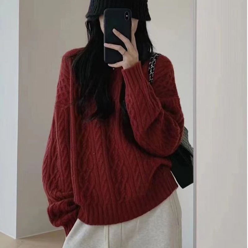 Women Oversize Cable Knit Sweater with Round Neck and Casual Shoulder Partie Mune Fashion