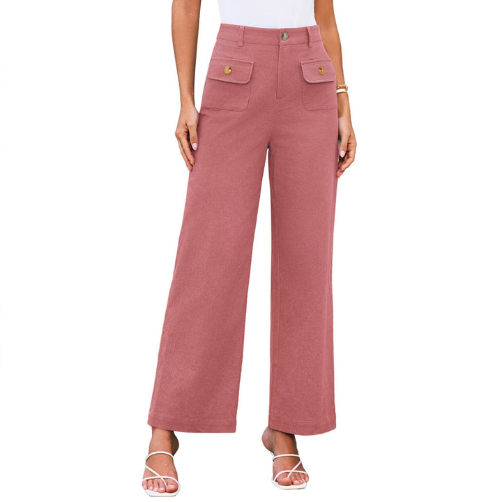 Women's High-Waist Wide-Leg Trousers with Button-Flap Patch Pockets Mune Fashion