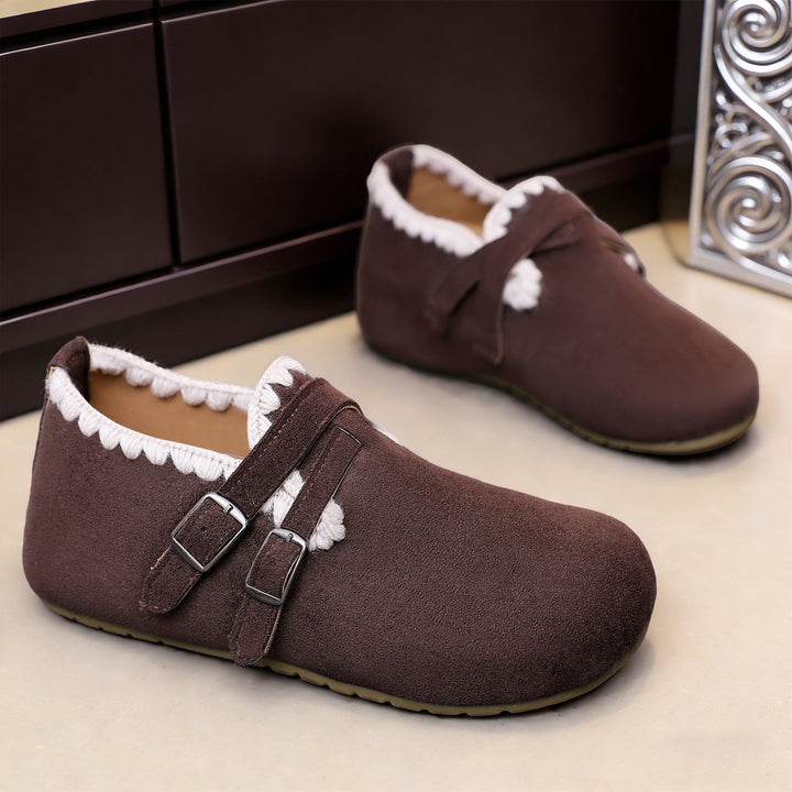 Ladies nan velour slip-on moccasin with decorative crochet trim and adjustable double buckles Mune Fashion