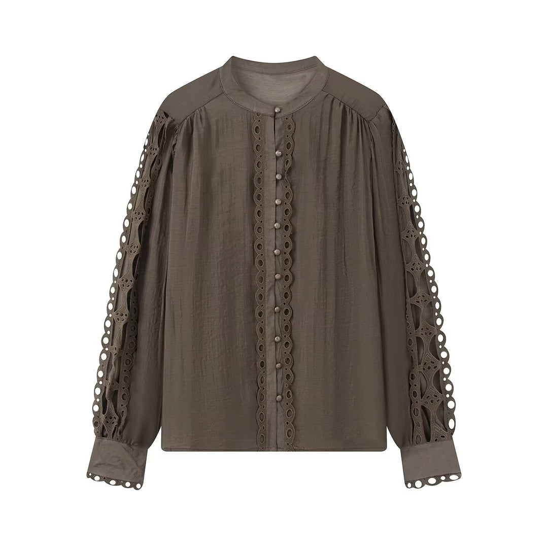 Ladies blouse with lace cutouts, fine button placket and balloon sleeves Mune Fashion