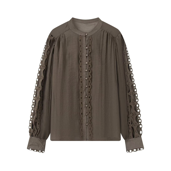 Ladies blouse with lace cutouts, fine button placket and balloon sleeves Mune Fashion