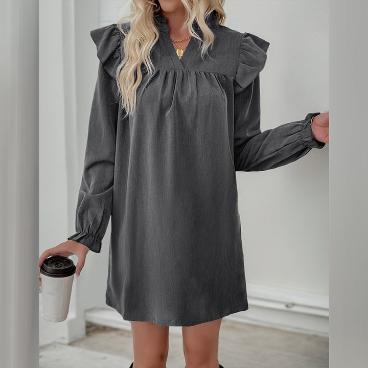 Women's Ruffle Shirt Dress with Gathered Yoke, Stand Collar, and Elastic Cuffs Mune Fashion