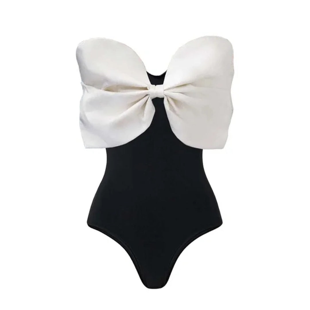 Women's Cut Swimsuit with Voluminous Bow Detail and Elegant Wrap Skirt Mune Fashion
