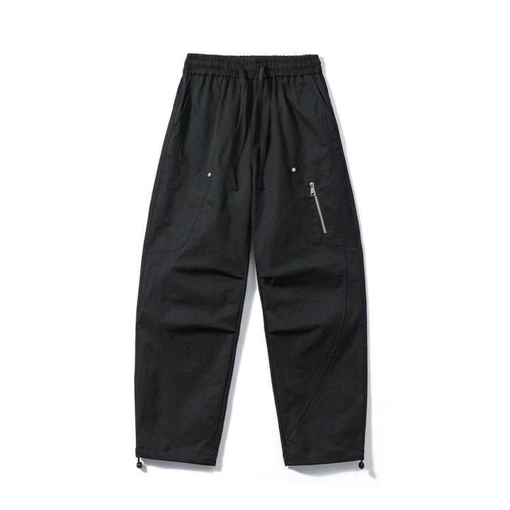 Men's utility cargo pants with elastic waistband, zip pocket, and adjustable hem.