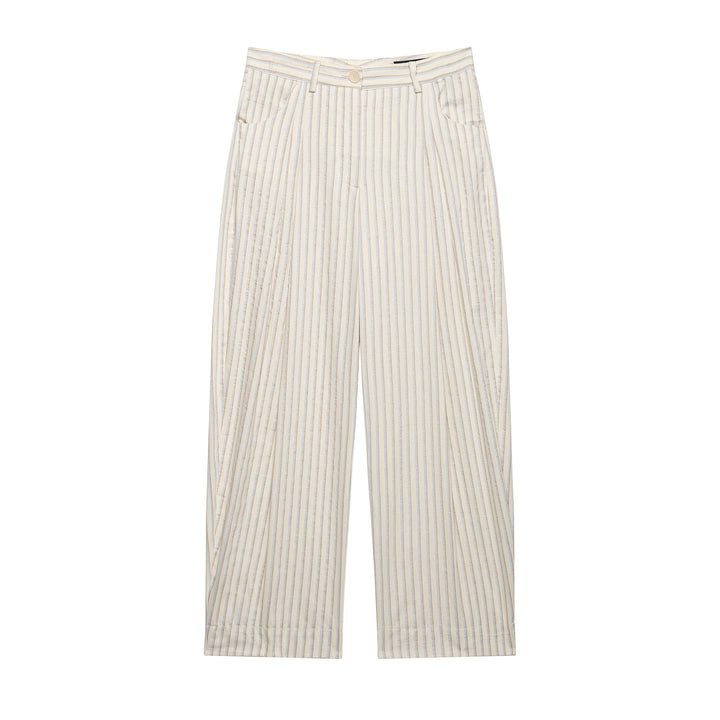 Ladies Wide Linen Trousers with High Waist, Striped Pattern and Patch Pockets Mune Fashion