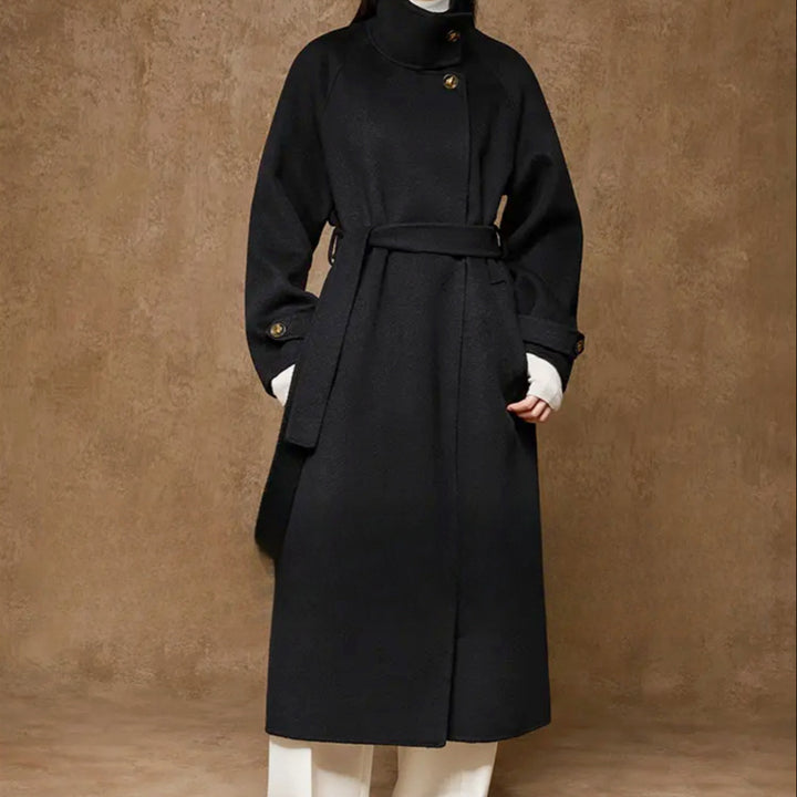 Women's long coat made of wool blend with standing collar and tie belt Mune Fashion