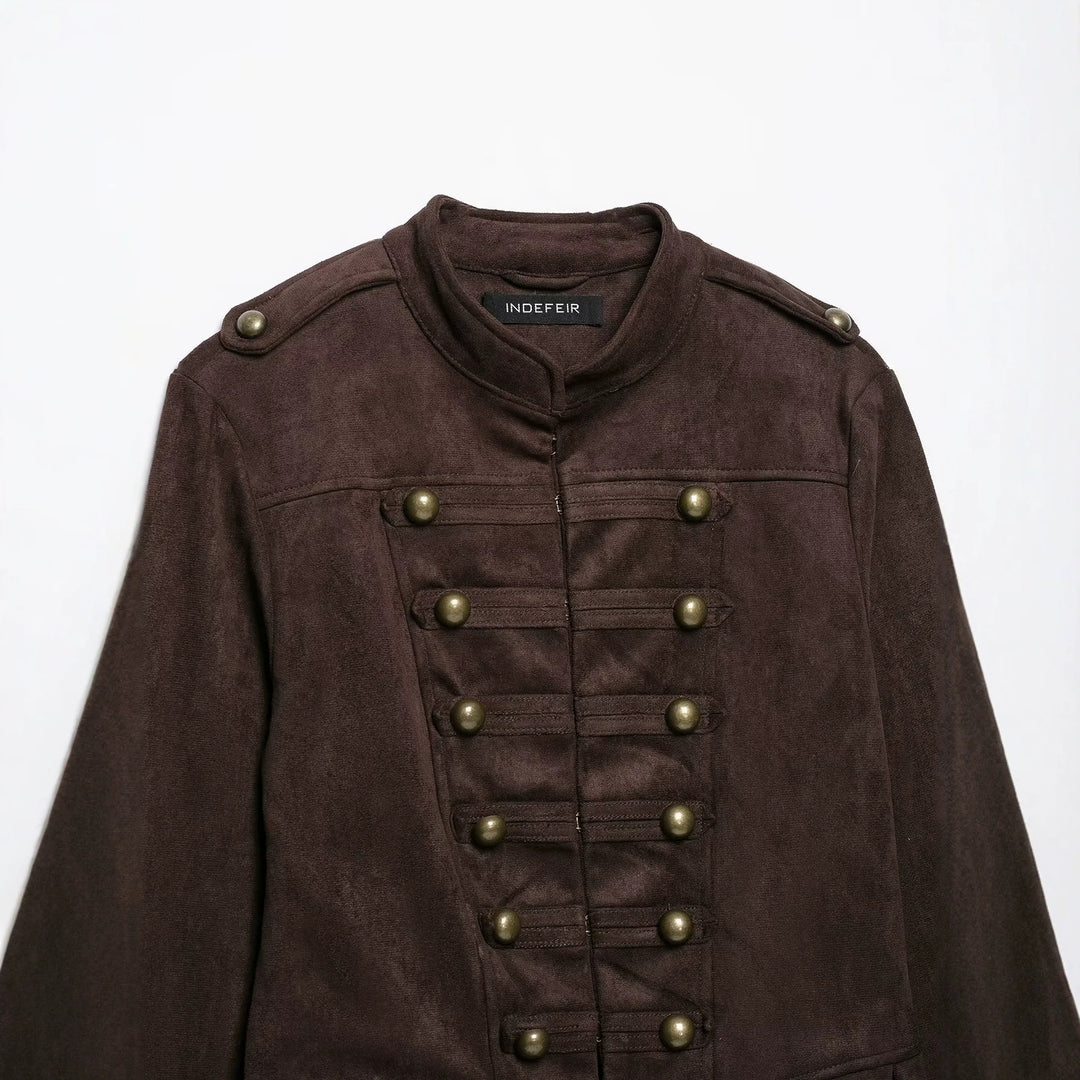 Ladies tailored jacket in musketeer style made of suede look with decorative button placket and shoulder straps Mune Fashion