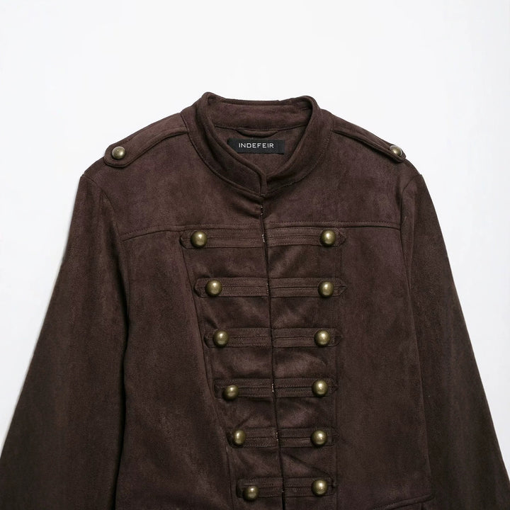 Ladies tailored jacket in musketeer style made of suede look with decorative button placket and shoulder straps Mune Fashion
