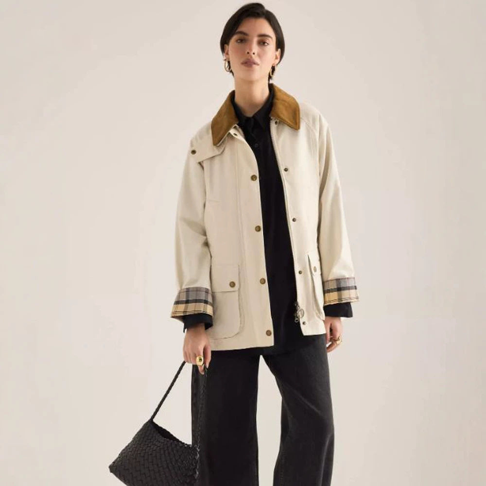 Women's transitional jacket with corduroy collar, checkered inner cuffs, and patch pockets Mune Fashion