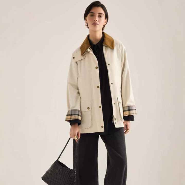 Women's transitional jacket with corduroy collar, checkered inner cuffs, and patch pockets Mune Fashion