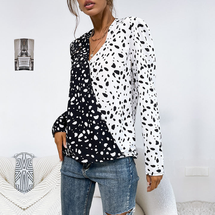 Ladies Light Long Sleeve Blouse with Diagonal Two-Color Look and Polka Dot Pattern Mune Fashion