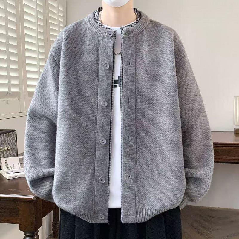Men's Oversized Knit Jacket in Bomber Style with Round Neck and Button Placket Mune Fashion