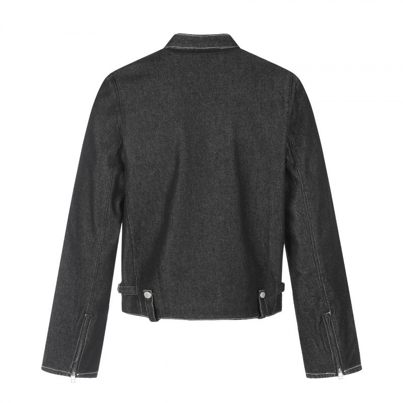Men's short cut boxy denim jacket in worker blouson style with stand-up collar and metal applications Mune Fashion