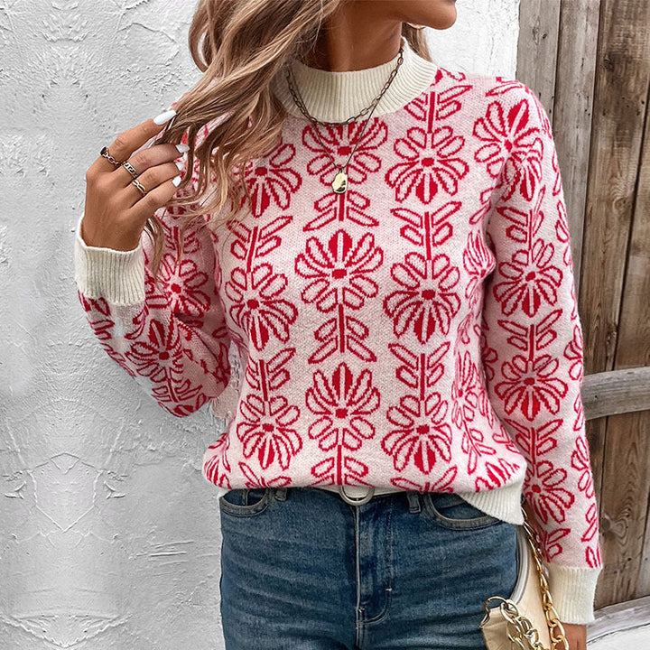 Women Knitted Jacquard Sweater with Floral Pattern and Ribbed Cuffs Mune Fashion