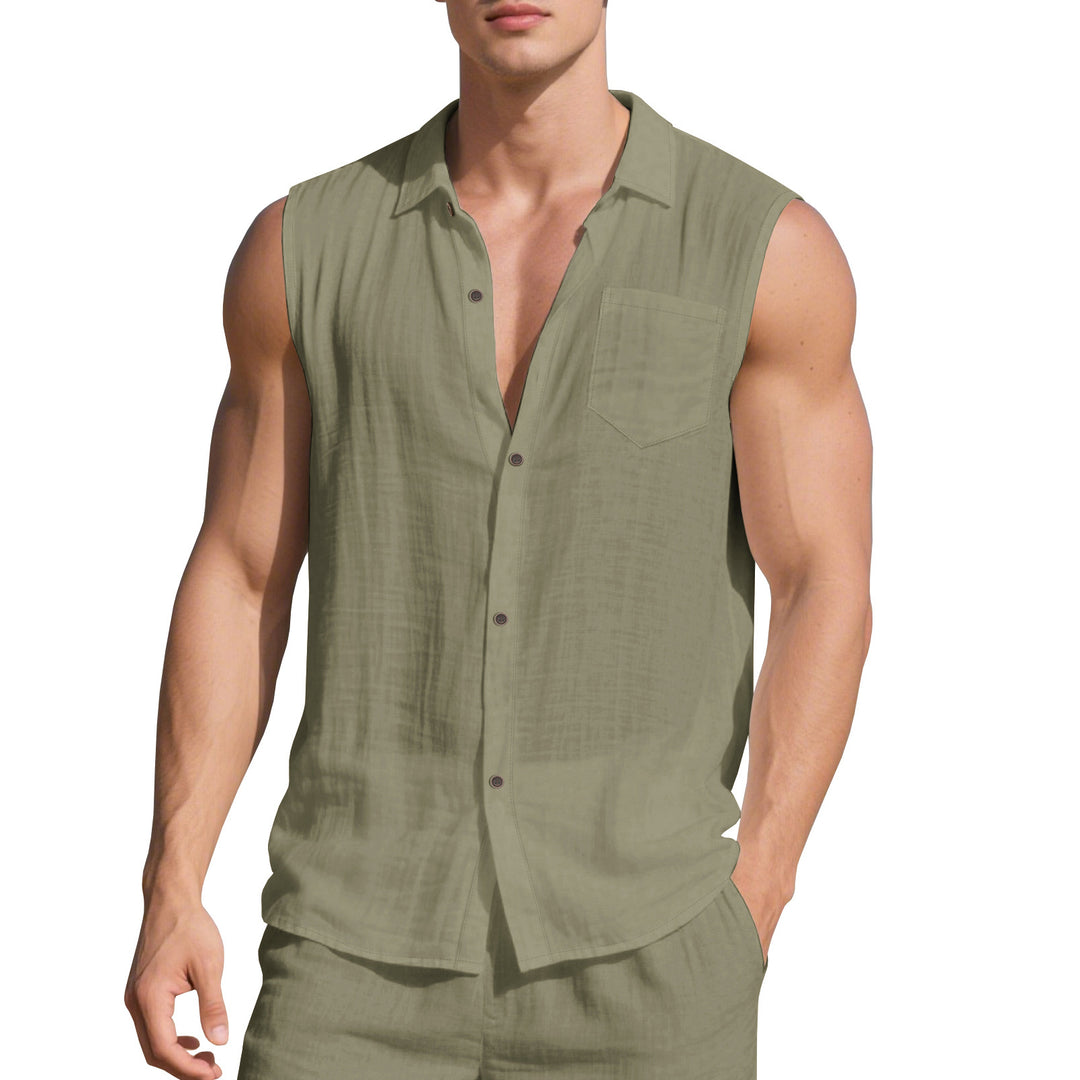 Men's sleeveless camp shirt with open button placket and drawstring waistband pants in linen look Mune Fashion