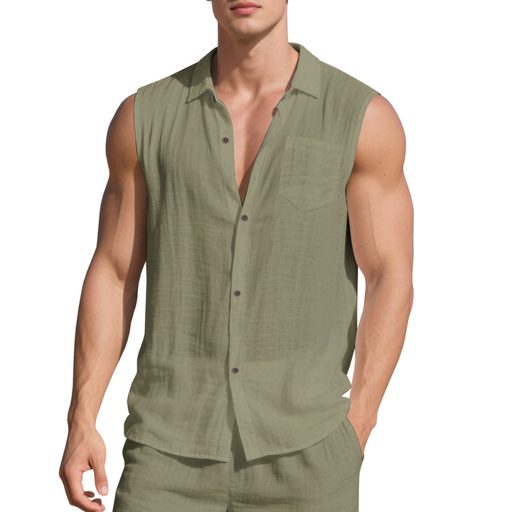 Men's sleeveless camp shirt with open button placket and drawstring waistband pants in linen look Mune Fashion