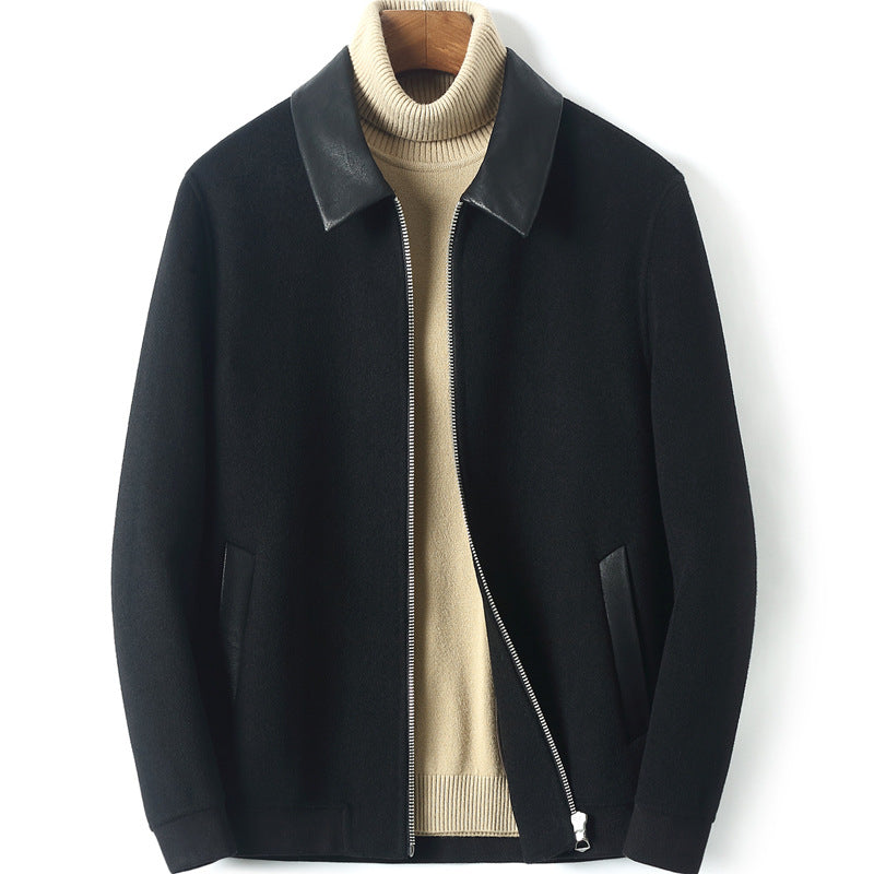 Men's Zip Woolblend Jacket with Leather Collar and Slim Silhouette Mune Fashion