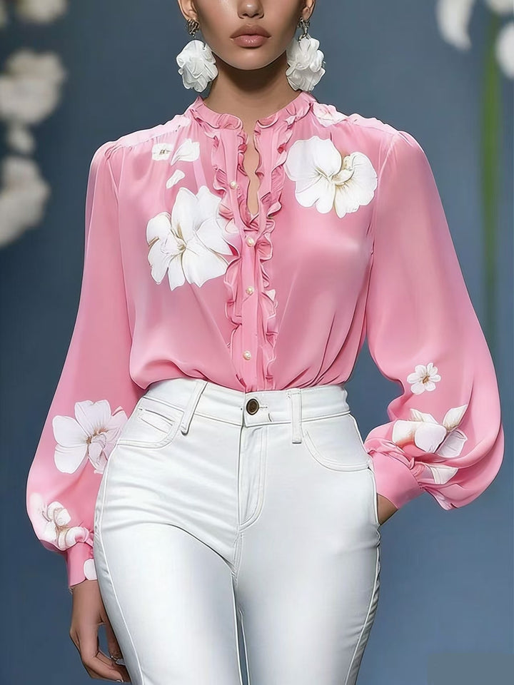 Women's silk blouse with ruffle trim and floral appliqué Mune Fashion