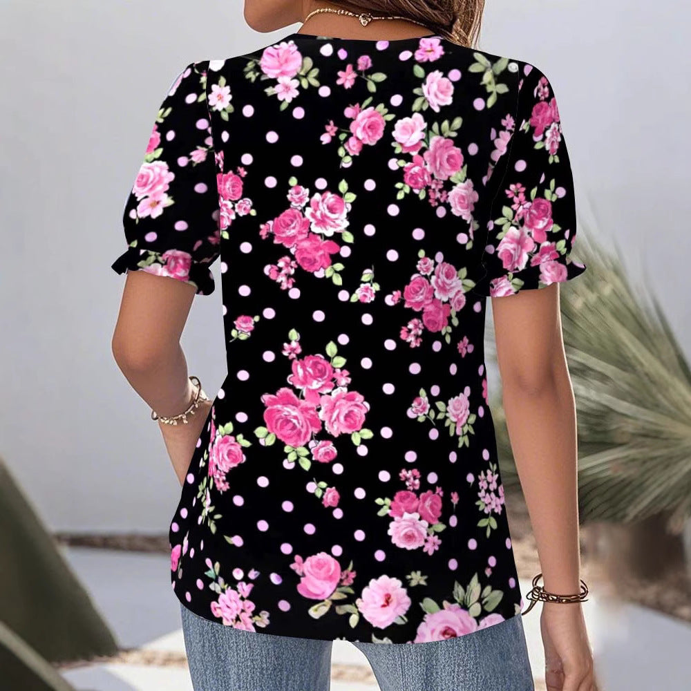 Ladies V-neck blouse with lace trim, puff sleeves and floral dot pattern Mune Fashion