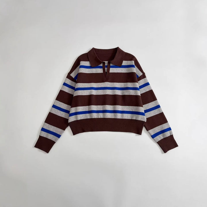 Women's Striped Polo Collar Sweater with Boxy Fit and V-Neck Mune Fashion