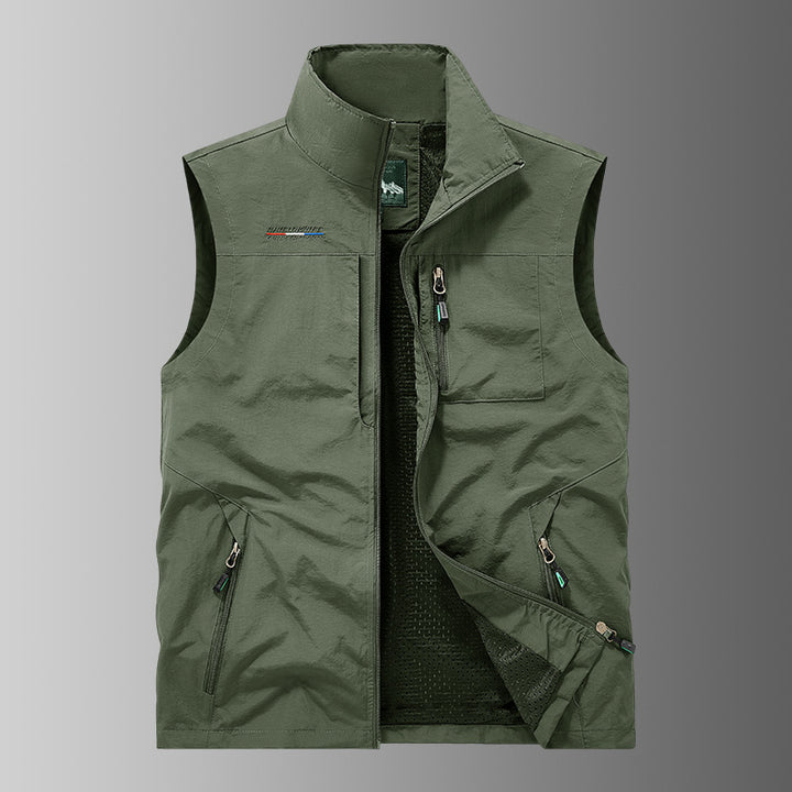 Men's lightweight windproof utility vest with stand-up collar, breathable mesh lining, and multiple zippered pockets Mune Fashion