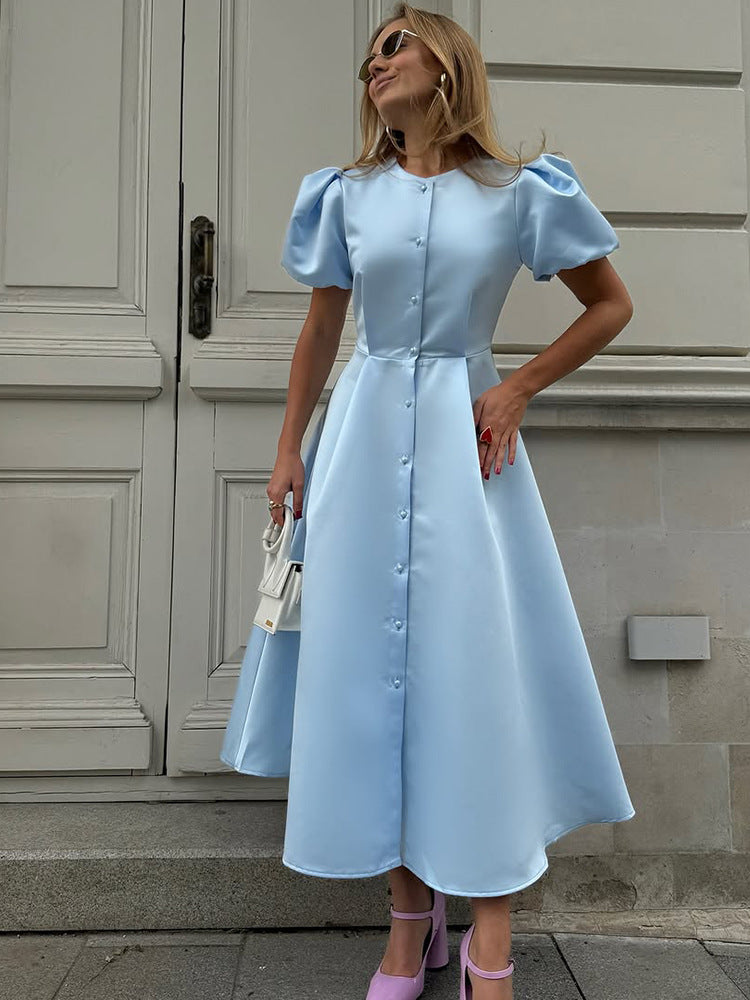 Ladies' midi dress made of satin with voluminous puff sleeves, fitted A-line and continuous button placket Mune Fashion